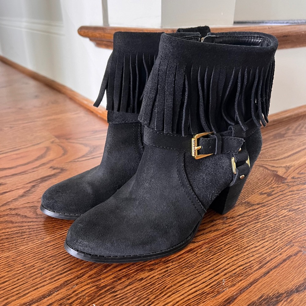 LRL Ralph Lauren Mara Black Suede Fringe Ankle Boots Gold Buckle 7.5B 11739 G14 - Picture 14 of 15